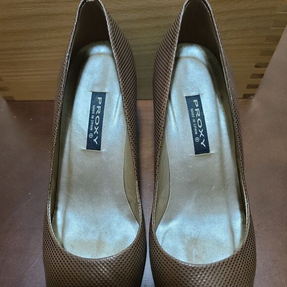 EXCELLENT USED SHOES PROXY ITALIAN LEATHER COPPER GOLD MESH TEXTURED HEELPUMPS 8 - Picture 7 of 14